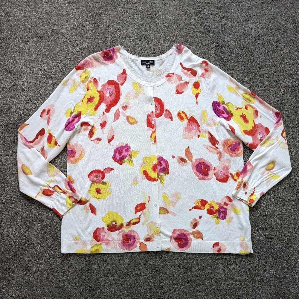 Lord & Taylor Floral Cardigan - White, Red, Yellow
